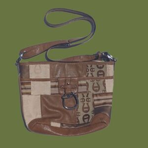 ETIENNE AIGNER Purse Beige Brown Patchwork Shoulderbag Leather & Fabric